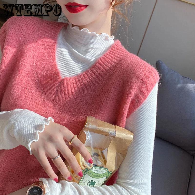 WTEMPO Трикотажные пуловеры с высоким воротником, женские повседневные однотонные свитера с длинными рукавами, элегантные тонкие топы в корейском стиле, трикотаж