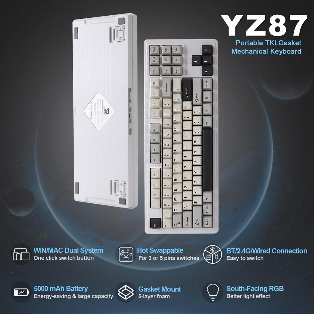 YUNZII YZ87 Mechanical Keyboard with Gasket TKL Wireless Hot Swapper Gaming Keyboard 4 Layer Pad NKRO RGB Backlight for Technical Compliance Certified