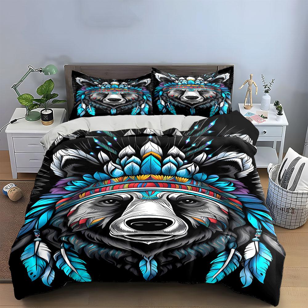 Bear face, colorful feathers. Bedding sets Duvet cover sets Duvet covers Pillowcases(1*Duvet Cover 2*Pillowcases without duvet insert)