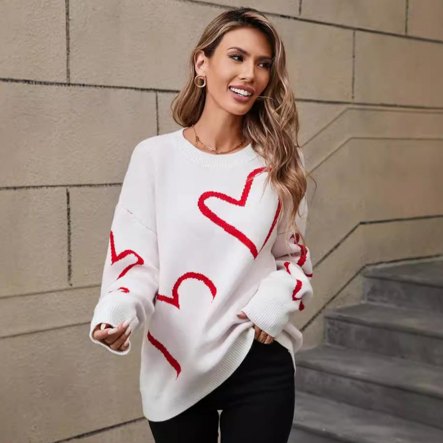 Зимний женский свитер Love Valentine's Day Pullover Large Peach Heart Color Clash Sweater