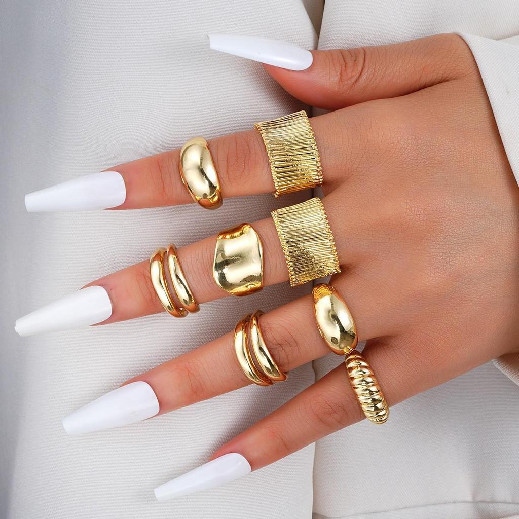 European & American Metal Texture Ring Set: Smooth, Exaggerated Geometric Open Rings for Women