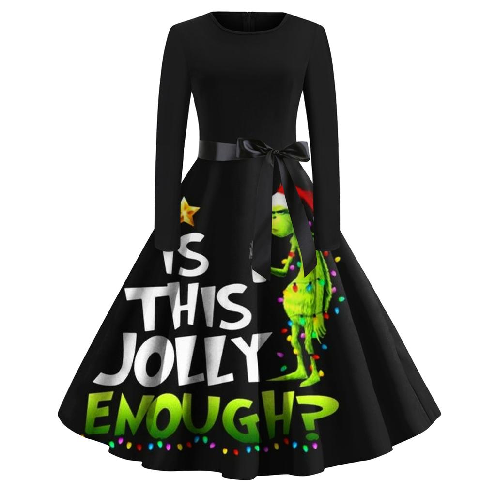 Женское рождественское расклешенное платье с принтом для женщин, платье с длинным рукавом, вечерние повседневные платья