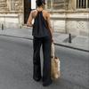 Retro Solid Color Round Neck Lace Up Sleeveless Top Sets Elegant High Waist Loose Wide Leg Pants Suit 2025 Summer Lady High Street Outfits