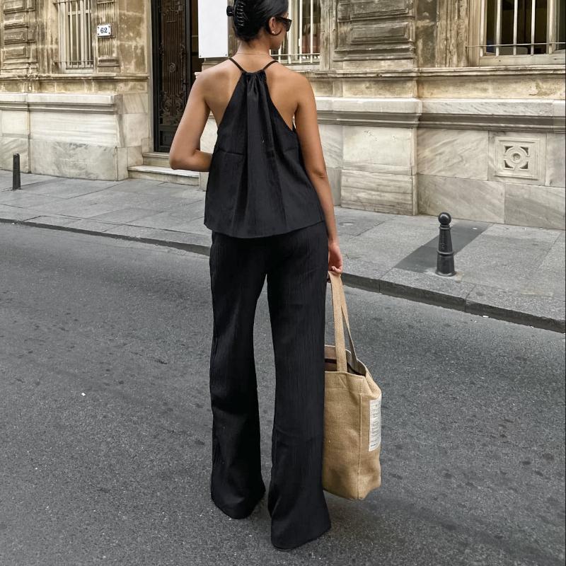 Retro Solid Color Round Neck Lace Up Sleeveless Top Sets Elegant High Waist Loose Wide Leg Pants Suit 2025 Summer Lady High Street Outfits