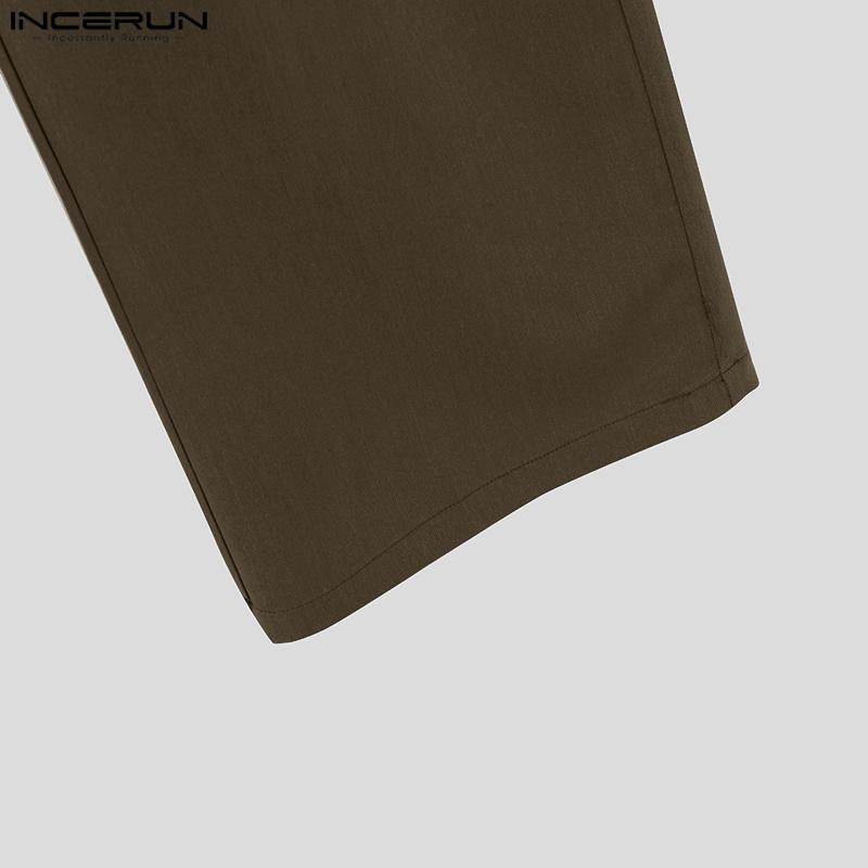 INCERUN Мужские прямые брюки с высокой талией на молнии, однотонные повседневные свободные длинные брюки