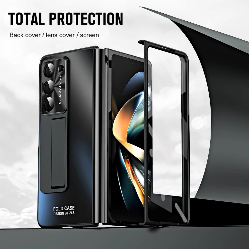 Чехол для Samsung Galaxy Z Fold 5 4 3 5G, роскошный невидимый кронштейн, жесткий ПК с прорезью для ручки, стеклянная передняя пленочная крышка для Z Fold5 Fold4