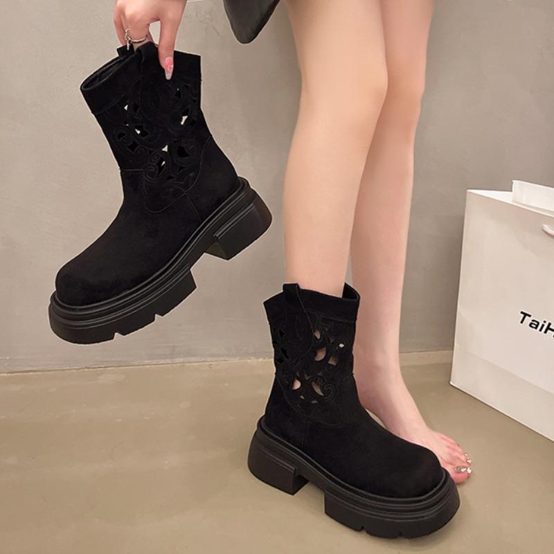 2024 Новые осенние женские удобные короткие ботинки на толстой подошве, женские полые модные ботинки с высоким каблуком и рукавами