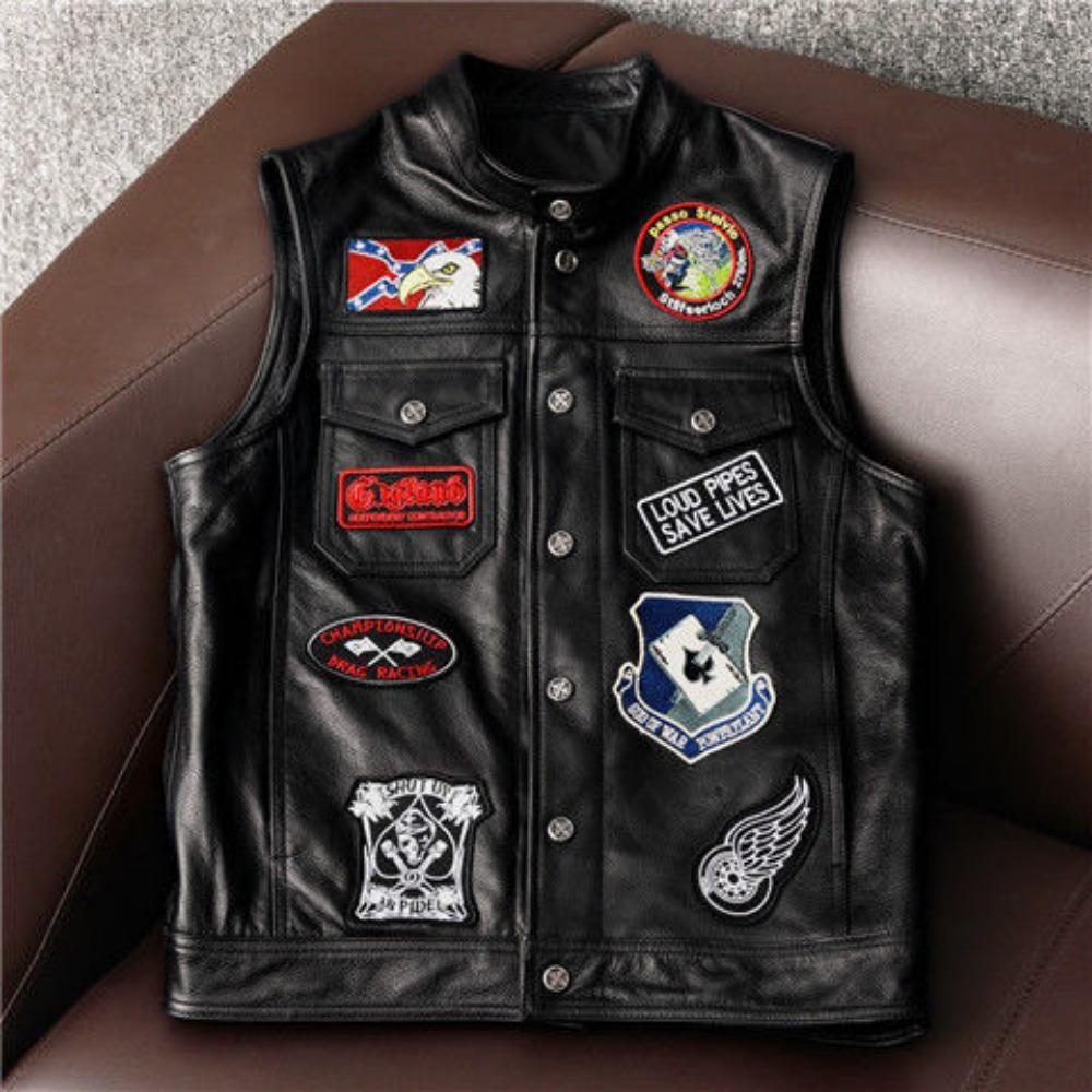 Leather Vest Men's First Layer Cowhide Embroidery Multi-standard Motorcycle Riding Suit Vest Wearing Trend