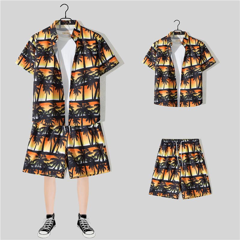 Мужская летняя дорожная однобортная рубашка с коротким рукавом, гавайский пляжный комплект, шорты, повседневные костюмы для отпуска
