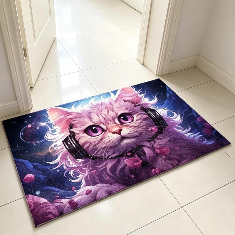 Purple Fluffy Cat With Headphones Fantasy Galaxy Rose Print Doormat Non Slip Entrance Floor Mat Cute Pet Front Door Home Decor Rug