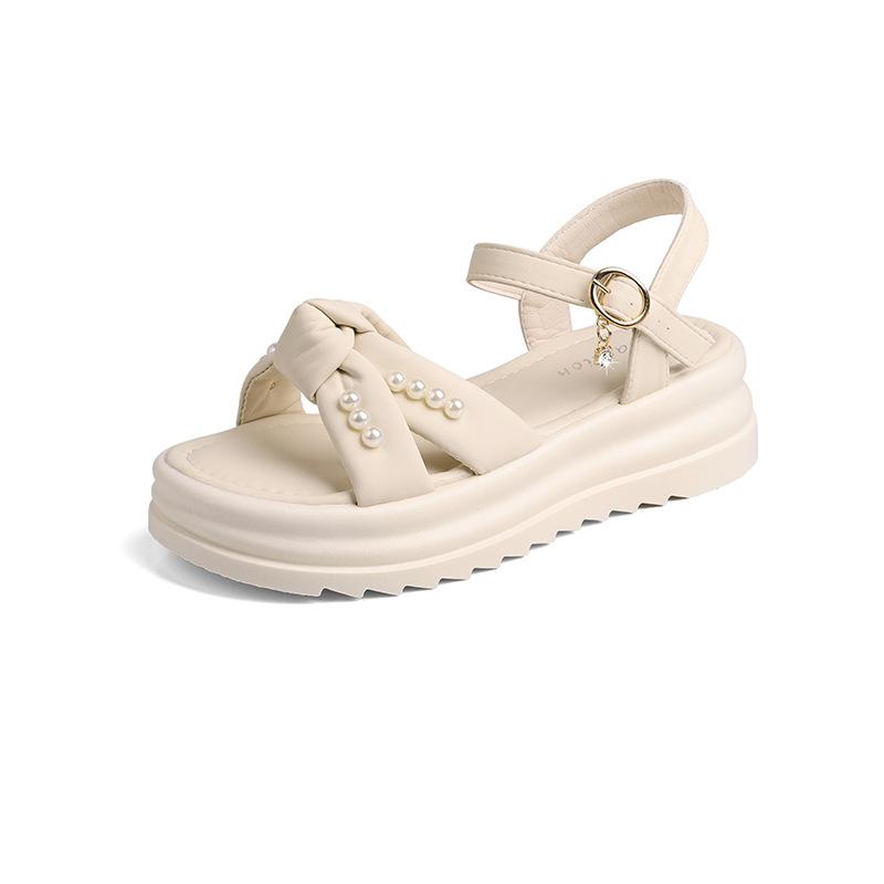 Thick-soled Bow-tie Sandals Female Summer New Fairy Wind Pearl One-word Buckle with Muffin Beach Sandals