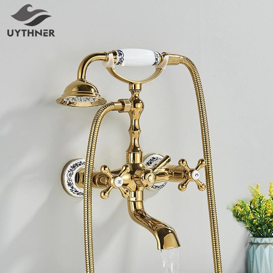Luxury Golden Black Bathtub Faucet Mixer Tap Telephone Style With Sprayer Hand Shower Rotate Spout Tub Hot Cold Water Mixer Sets
