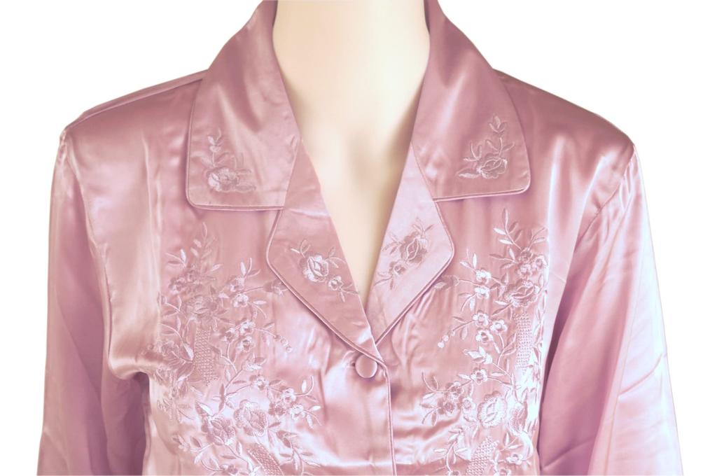 Silk Floral Long Open Top and Bottom Natural Pink 100% Women's Pajamas, Nightwear, Loungewear, Embroidered, Sleeves, Front, Set, Materials, (L)