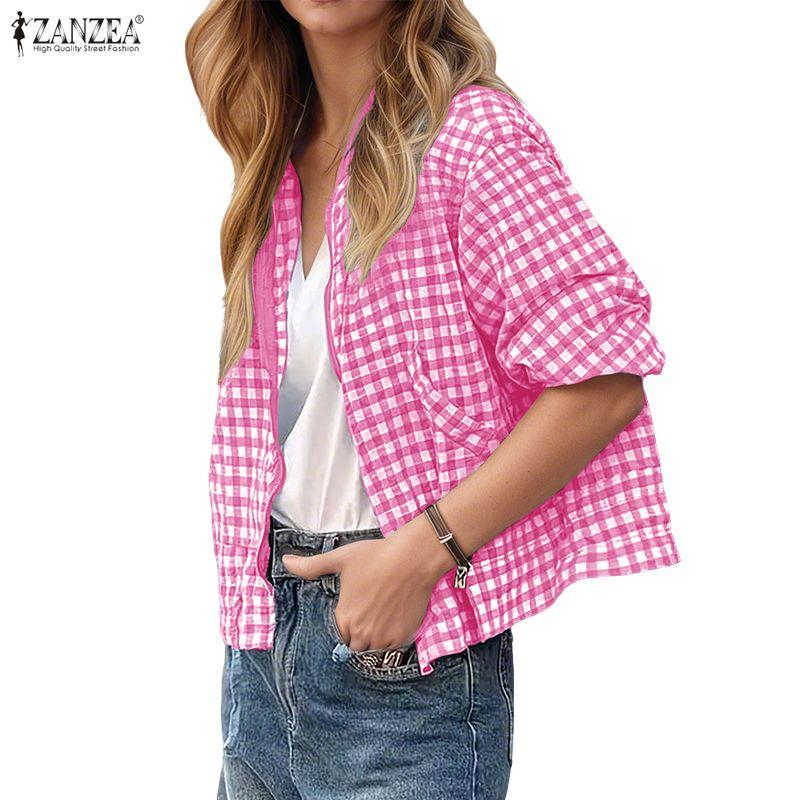 ZANZEA Женская повседневная блузка с круглым вырезом, длинным рукавом, клетчатым принтом и застежкой-молнией