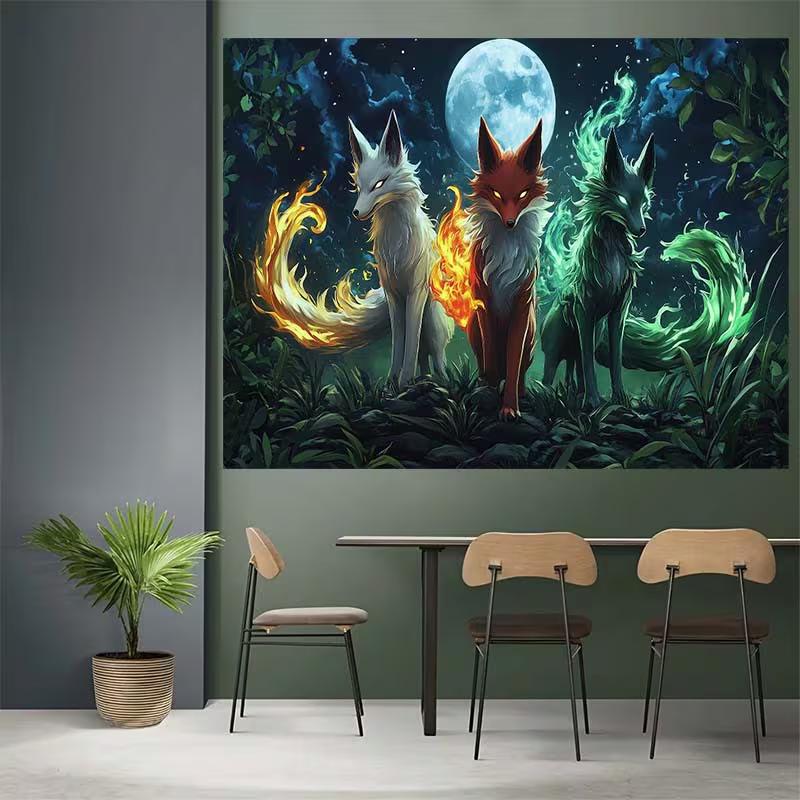 2D Elemental Fire Green Ice Fox Fantasy Photo Backdrop