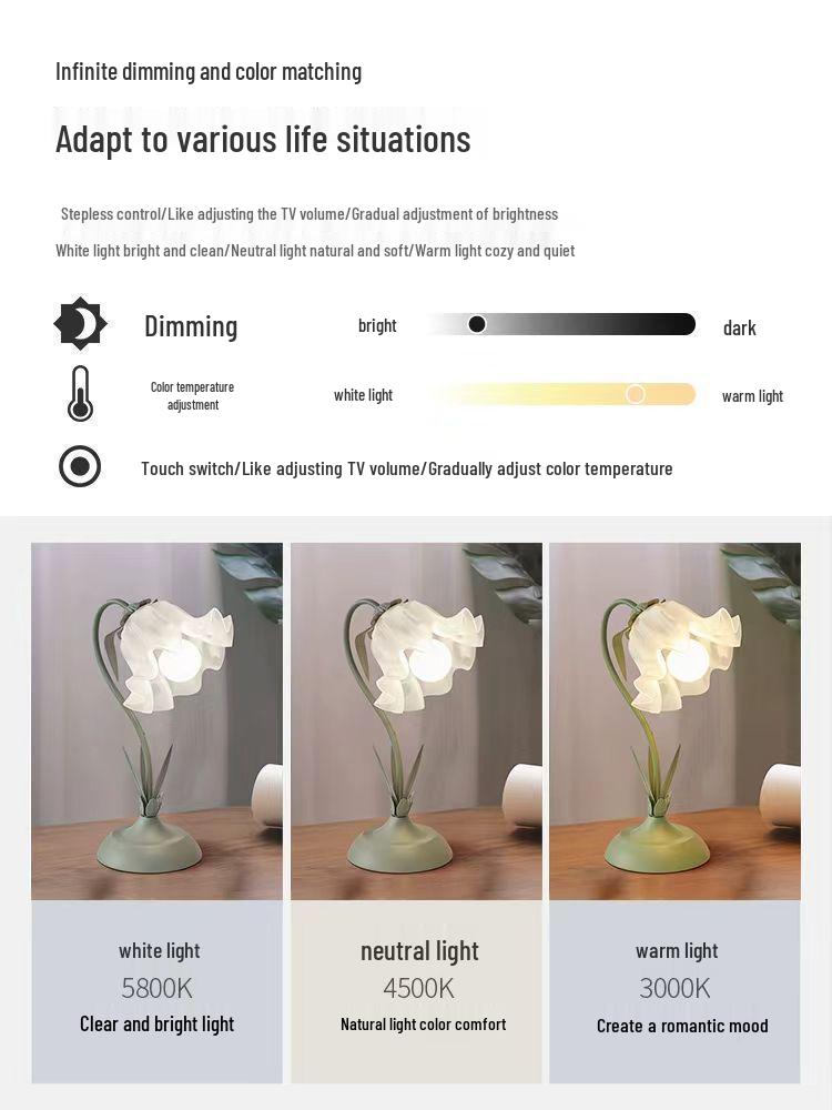 Ins Style Floral Bedroom Bedside Lamp for Teens - Eye-Caring Night Light & Study Desk Lamp