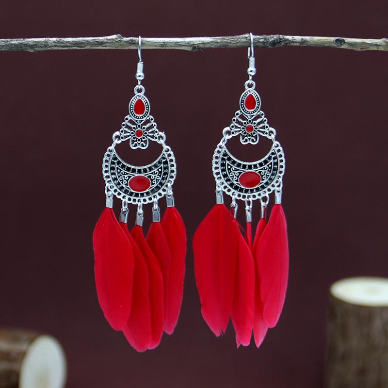Этнический стиль длинные серьги с перьями и бахромой красные женские модные ретро-серьги в национальном стиле праздничные фотоукрашения