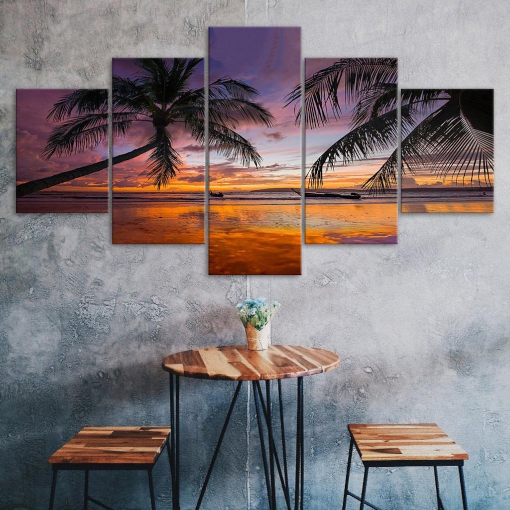 Beach Palm Trees Sunset Canvas 5 Piece Five Panel Wall Print Modern Art Poster Picture Home Decor Gift For Him For Her