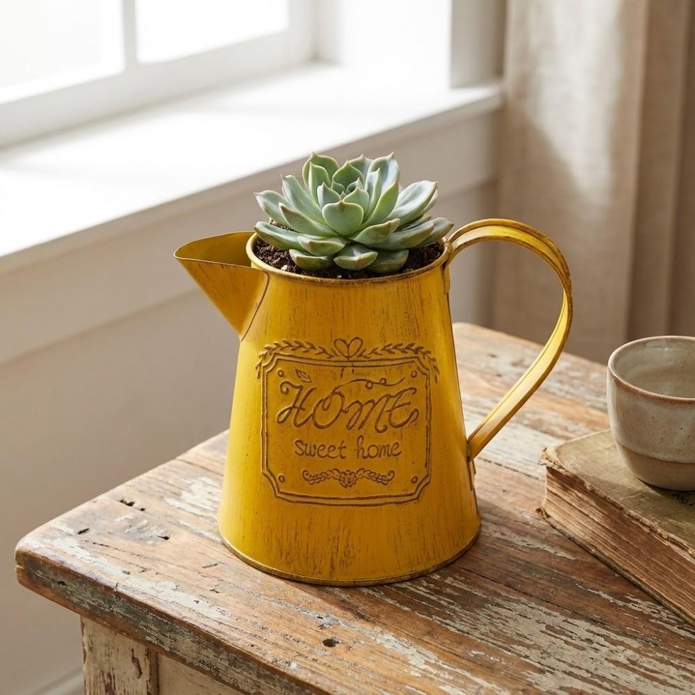 Vintage Iron Water Kettle Flowerpot Rustic Succulent Potted Plant Flower Bucket Balcony