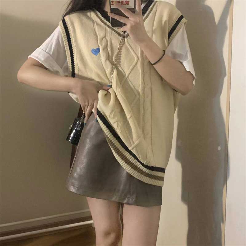 Японский ленивый вязаный жилет, женский осенний многослойный внешний свитер с v-образным вырезом, небольшой жилет в студенческом стиле, топ