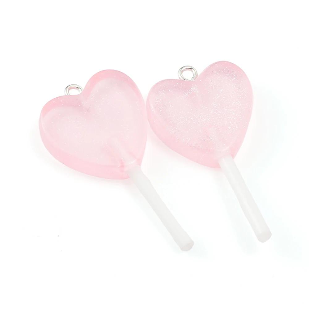 10PCS Glitter Hearts Shape Lollipop Resin Pendants Cute Candy Charms for Jewelry Making Supplies Diy Earings Keychain Findings