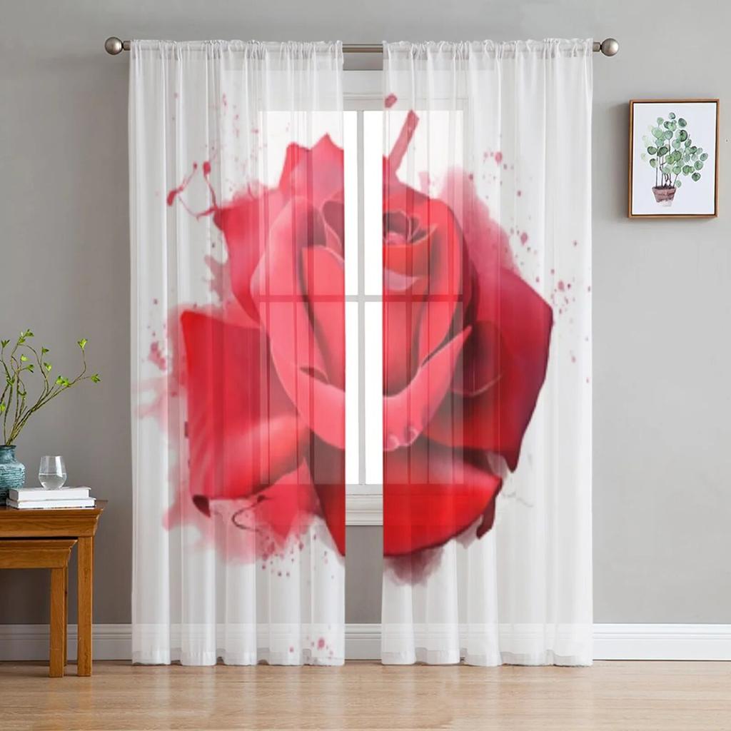 Luxurious Red Rose Sheer Curtains For Living Room Bedroom Kitchen Tulle Home Decor