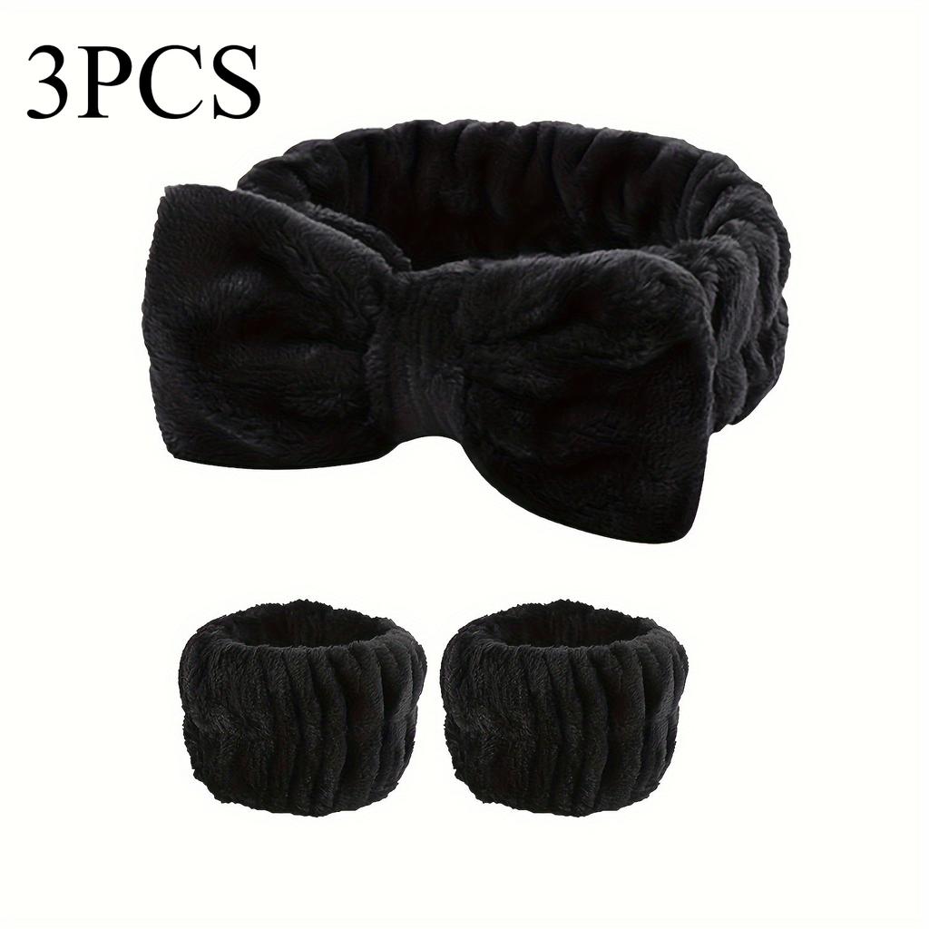 3pcs Adorable Bow Hair Band and Wristband Set, Soft Spa Headband for Washing Face, Makeup, Skincare, and Hair Styling
