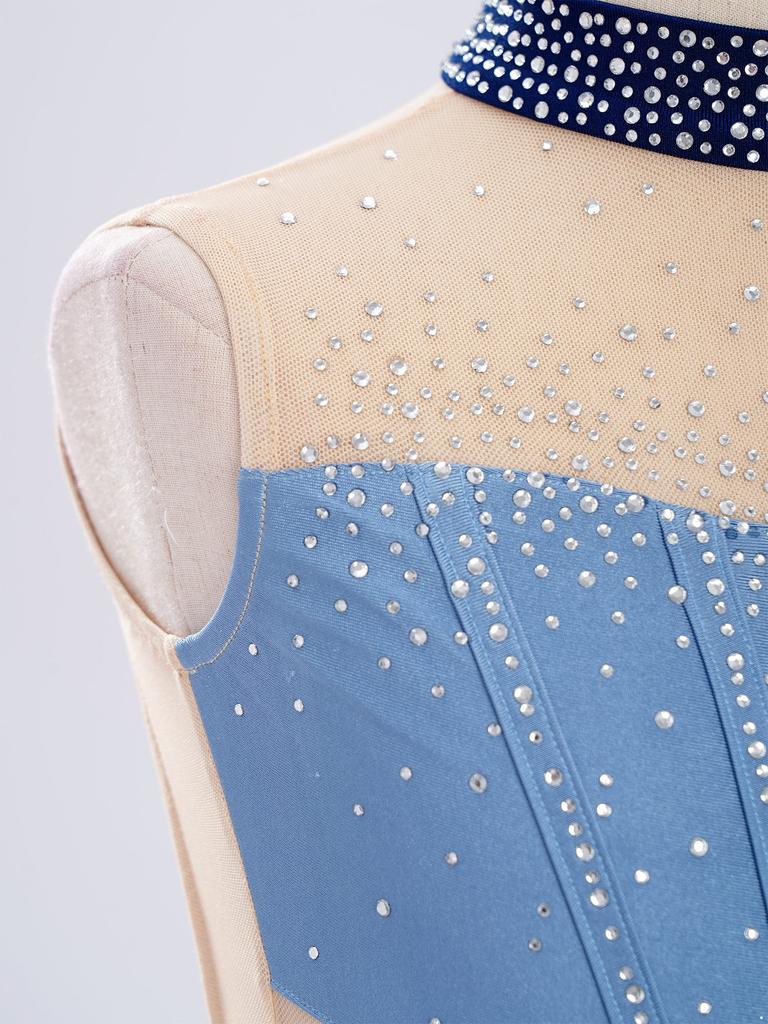 Блестящий купальник для лирического танца для девочек, с воротником-стойкой, без рукавов, со стразами, цветной блок, сетчатая юбка, костюм для выступления