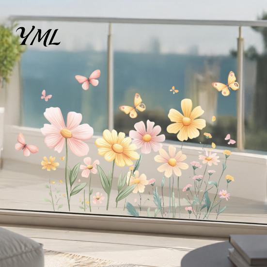 Removable Butterfly Wall Decals 2Pcs Watercolor Flowers Sticker, PVC Waterproof Floral Decal with Butterflies, Flower Stickers for Girls Room