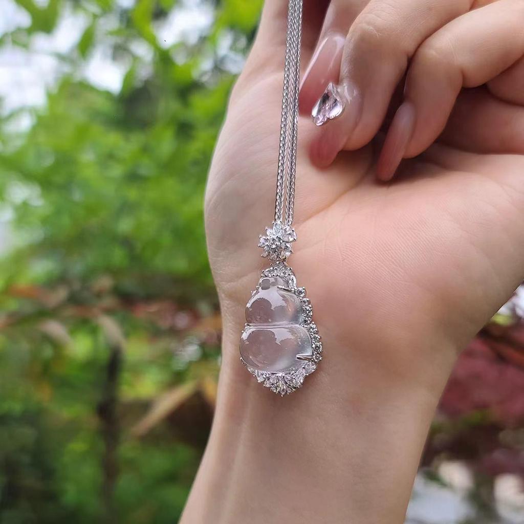 Подвеска-тыква из чистого серебра S925 с натуральным миццонитовым жадеитом - Высокий сорт льда для женщин, с китайским шармом Фу Лу