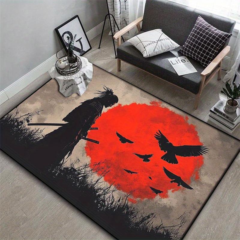 2D Flat Samurai Warrior Red Sun Crows Silhouette Flannel Area Rug Non Slip Japanese Art Carpet For Living Room Bedroom Decor