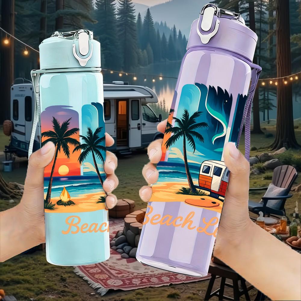 1PC Beach Life Tropical Coast Poster 750ml Color Plastic Sports Water Bottle Leakproof Flip Straw Lid Suitable for Sports Office Home Use