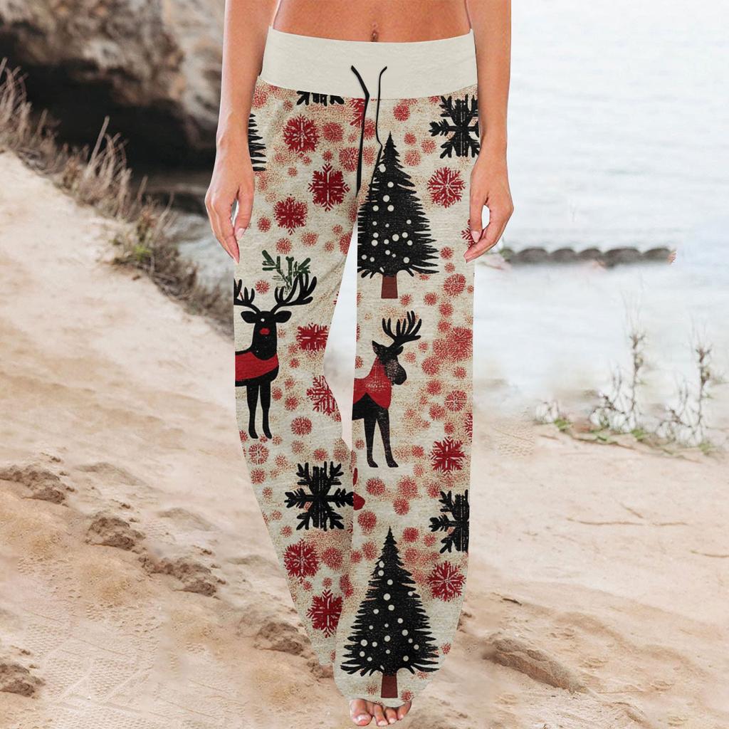 Women's Fashion Casual Comfortable Pajama Pants Christmas Print Drawstring Wide Leg Pants