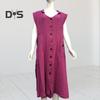 Summer Women Lapel V Neck Shirt Dress Sleeveless Single Breasted Pockets Solid Color Midi Dress Streetwear