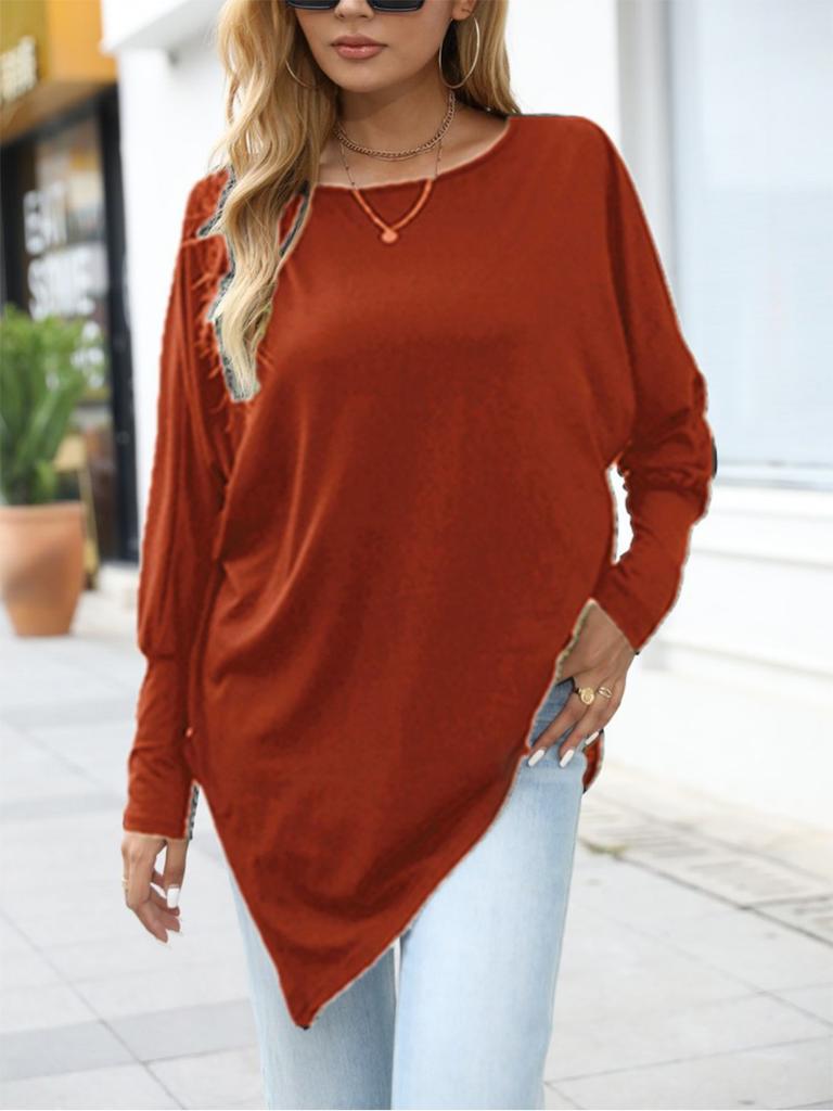 Women's Oversize Long-Sleeve Spring/Fall Asymmetrical Hem T-Shirt