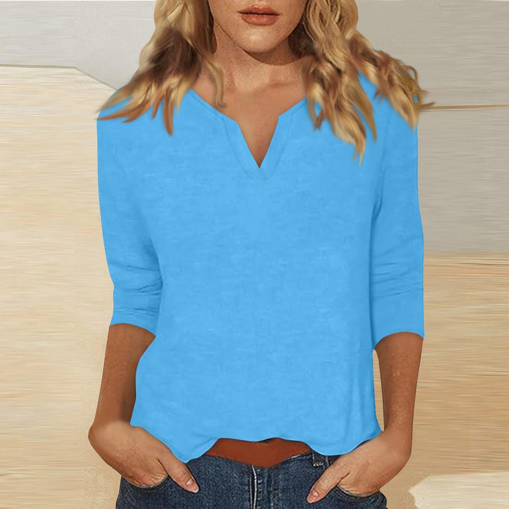 Женский однотонный топ с круглым вырезом и рукавами 3/4 V+