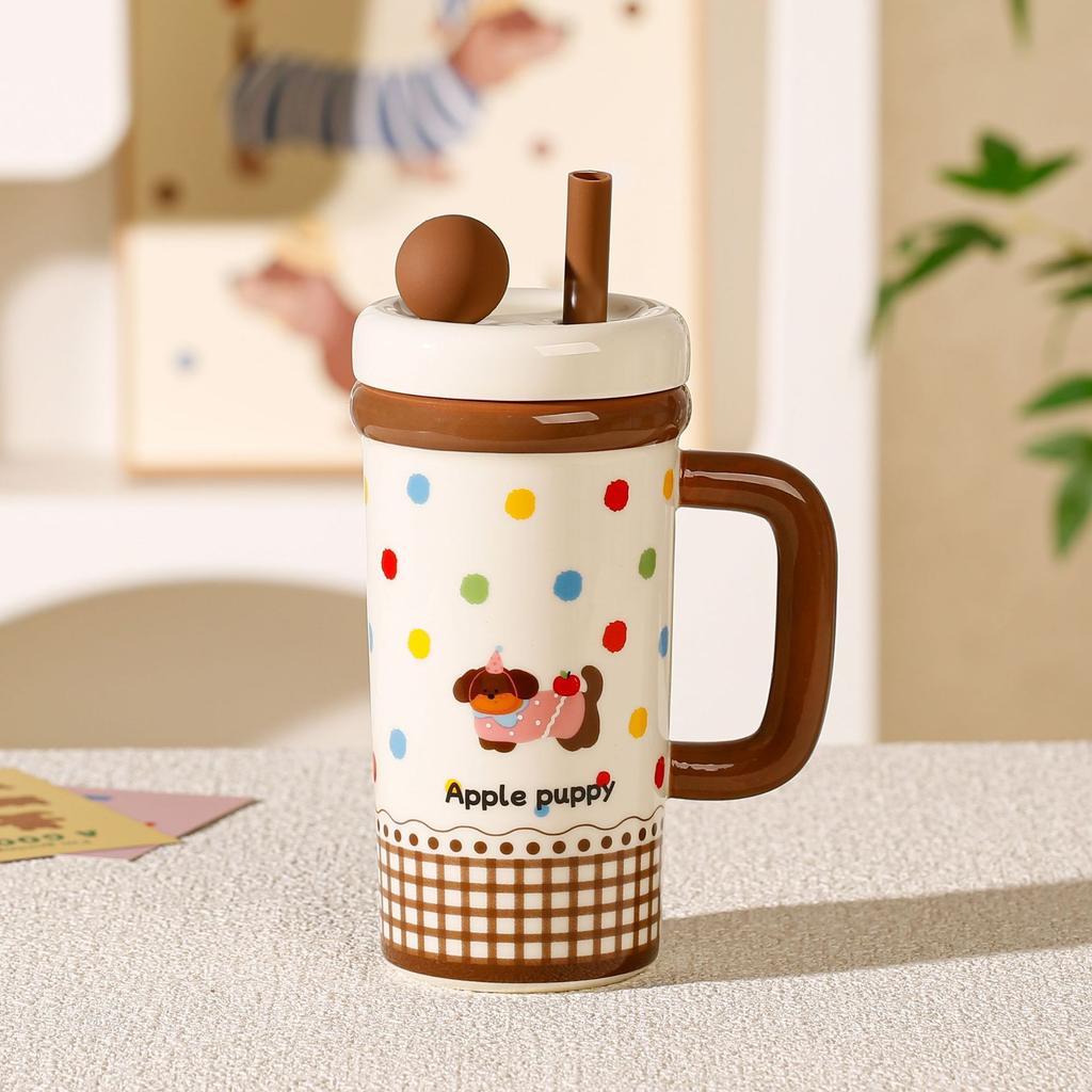 Large Capacity Summer New Straw Cup Ceramic Kettle Cup with Lid Cartoon Mug Water Cup