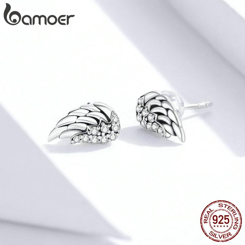 BAMOER стерлингового серебра 925 пробы, ослепительные винтажные серьги-гвоздики с крыльями для женщин, ювелирные украшения