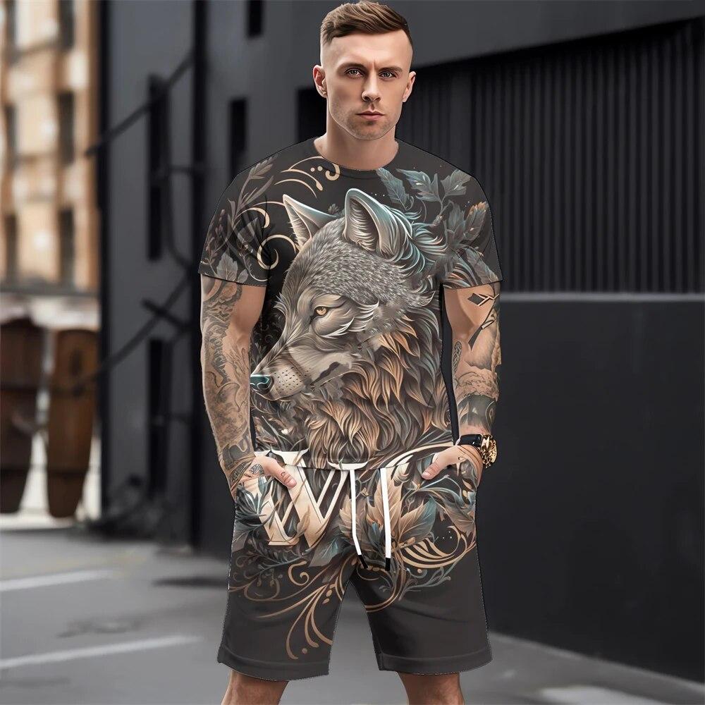 Летние мужские комплекты футболок, модная одежда с 3D принтом животных, необходимая одежда для мужчин, повседневный спортивный костюм, спортивный костюм из двух предметов для бега, спортзала