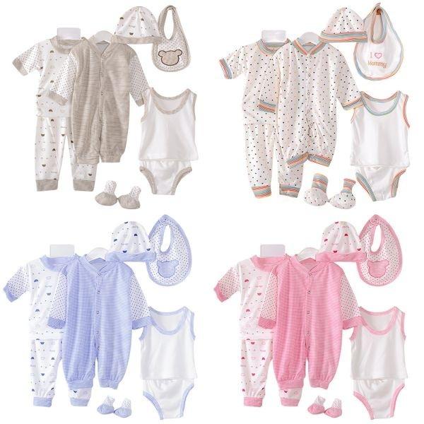 8PCS Set Baby Cotton Striped Jumper+Hats+Socks+Bib+Tops+Pants Outfits 0-3M