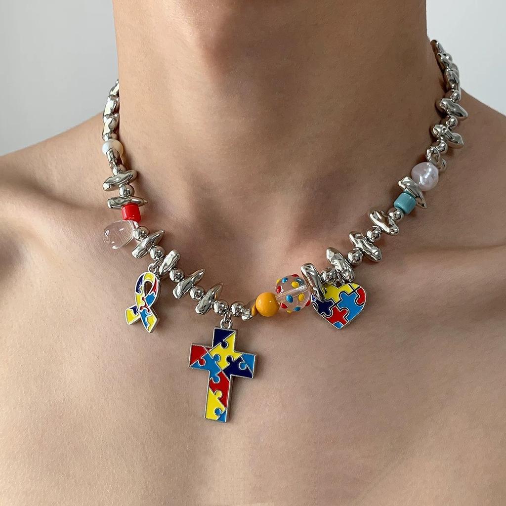 Dark zircon cross beaded necklace for women, long summer style neck chain, trendy and versatile collar chain, Instagram style