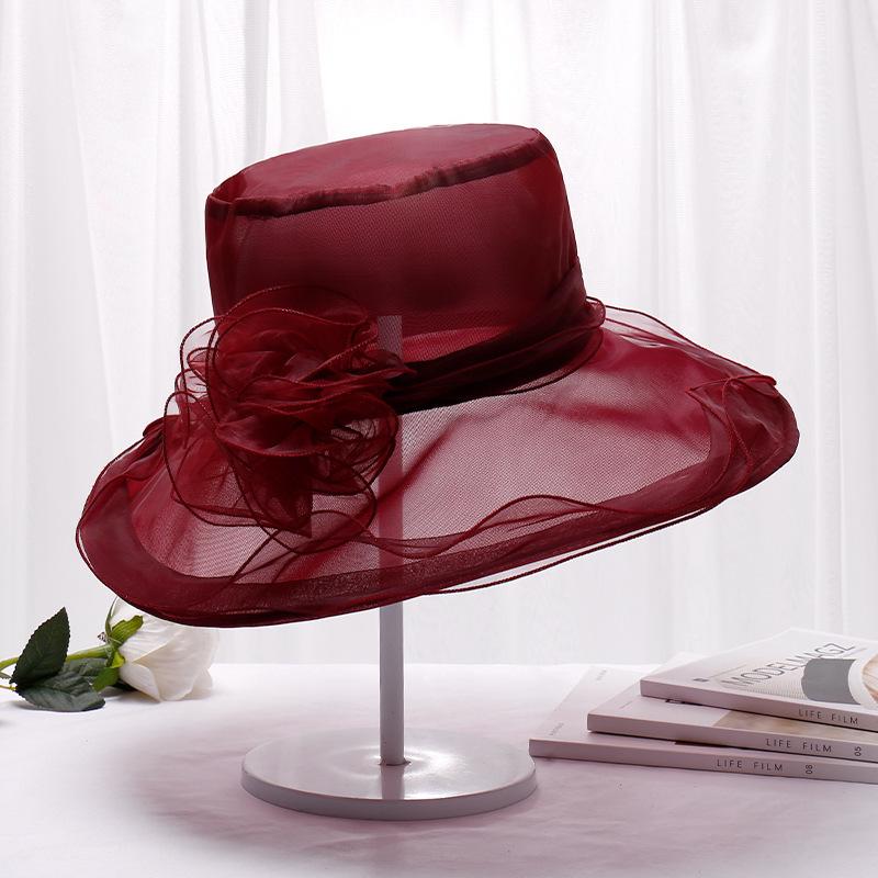 Fashion summer organza hat women flower UV protection beach gauze hat sunshade big brim hat