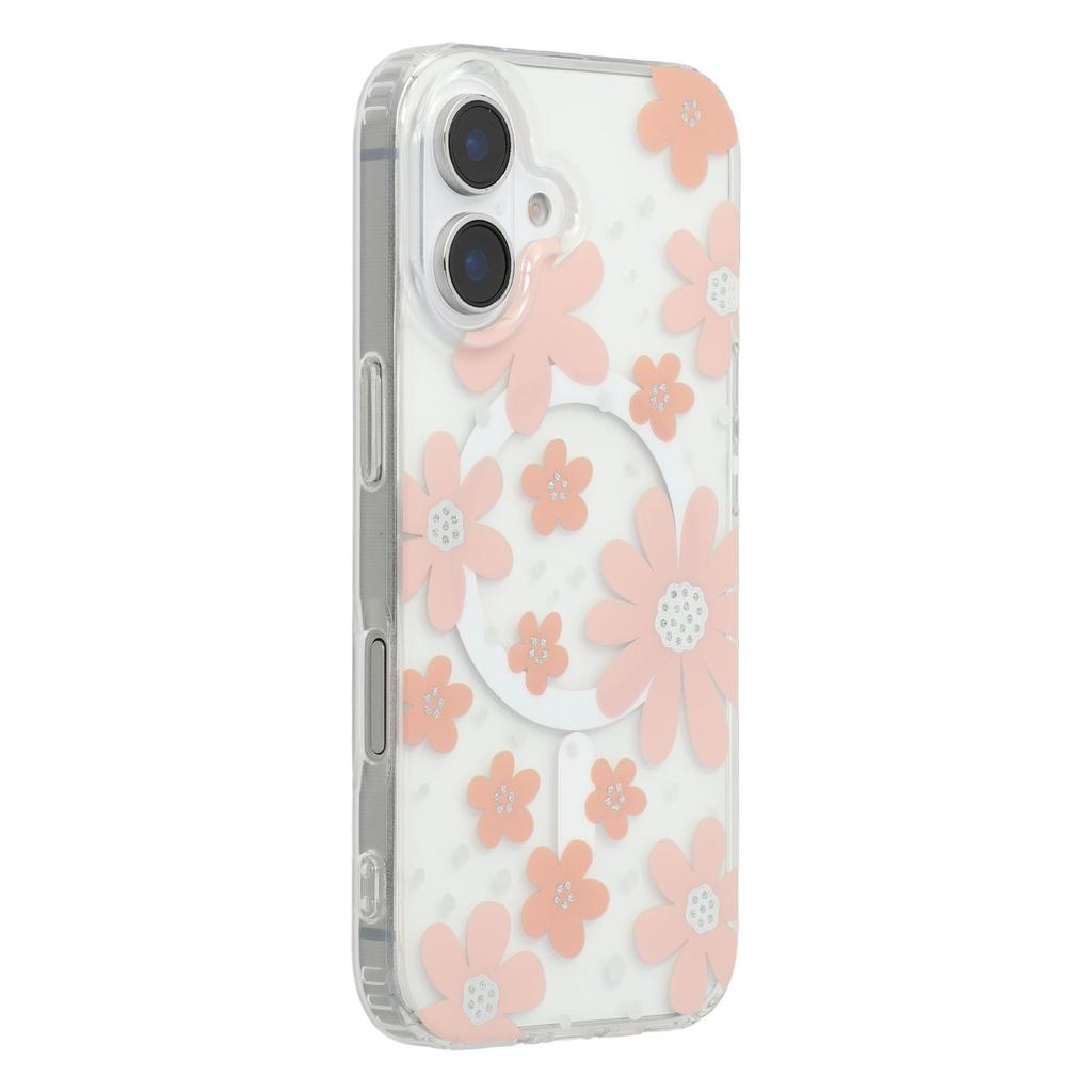 For iPhone 16 Magnetic Case IMD Flower Pattern TPU+PC Clear Back Phone Cover