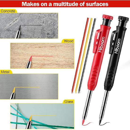 Hiboom 3 Pack Solid Carpenter Pencil with 21 Refill, Long Nosed Deep Hole Mechanical Pencil Marker with Built in Sharpener for Carpenter, Design
