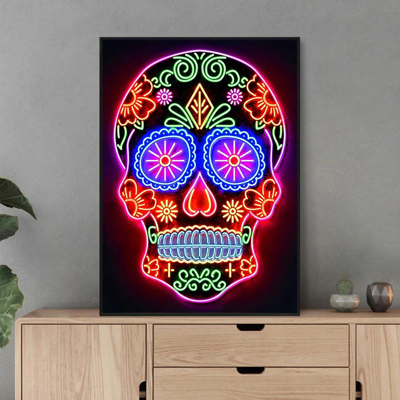 Неоновый эффект черепа постеры и принты современная живопись настенные художественные картины для гостиной игровой комнаты украшения дома подарки