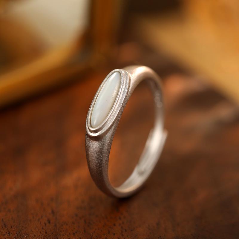 Frosted S925 Silver Ring with Black Agate & White Mother-of-Pearl - European, American, Japanese & Korean Style