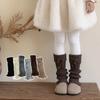 Korean Style Schoolgirls Leg Warmers Stackable Bow Boot Socks with Plush Lining Coffee Color Winter Crew Socks for Children