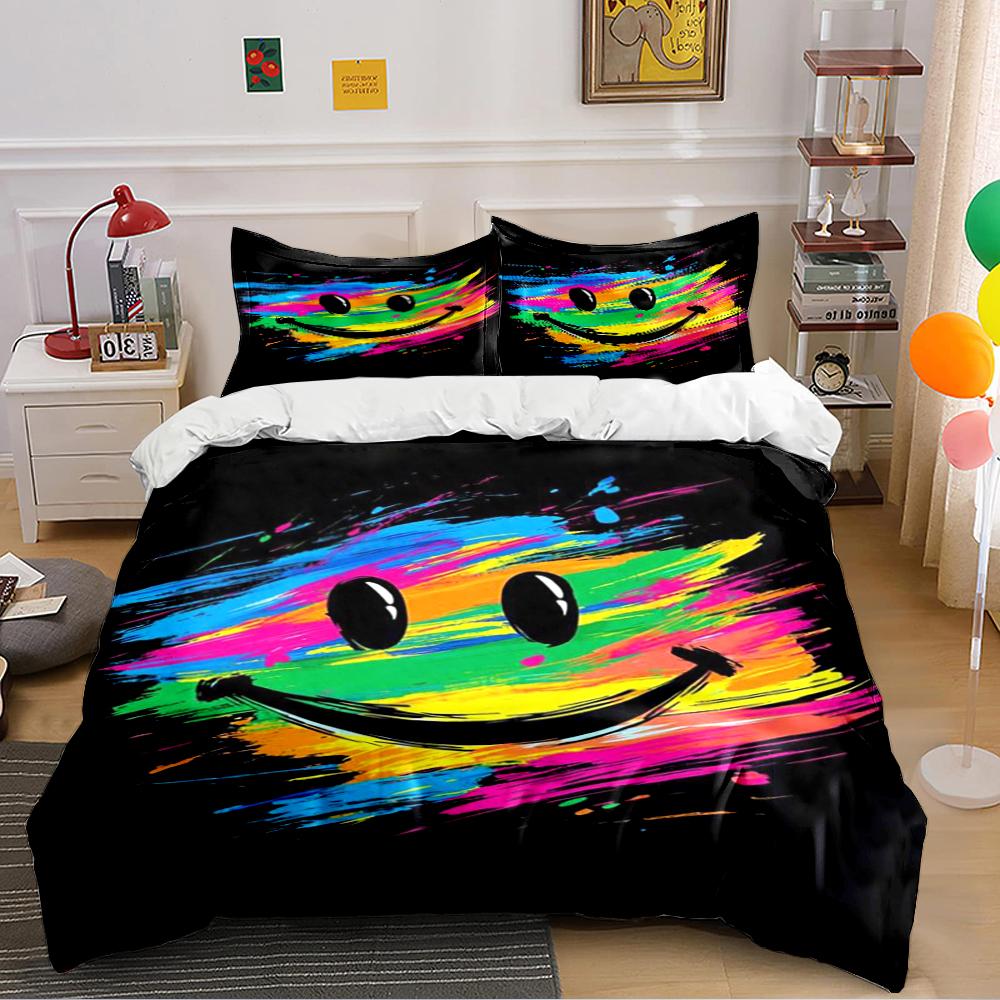 Colorful Smiley Face Bedding Set Black Bedding set (1 duvet cover, 2 pillowcases, duvet not included)