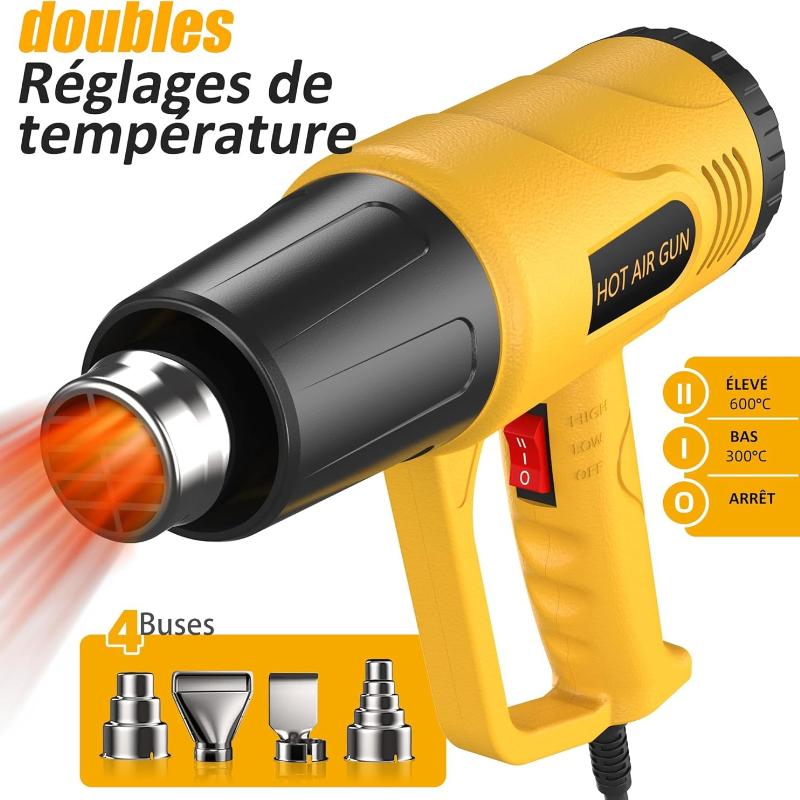 Heat Gun for Vinyl Wrap,Shrink Tubing,Paint,Epoxy Resin,Candle Making,Adjustable Temperature (Yellow, Two-Gear Button Temperature Control)