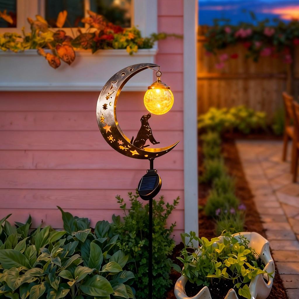 Solar Powered Lawn Lights Dog Figurine Glass Ball Ground Plug Garden Decorative Lights Ideal Festival Gift